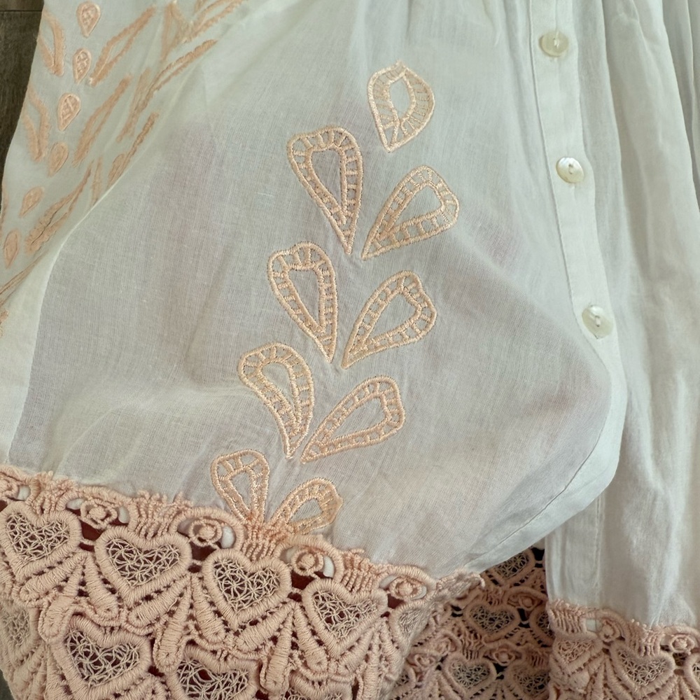 Sundance Tunic Embroidered White Peach Women's Small Pleated Button Up - Picture 6 of 11